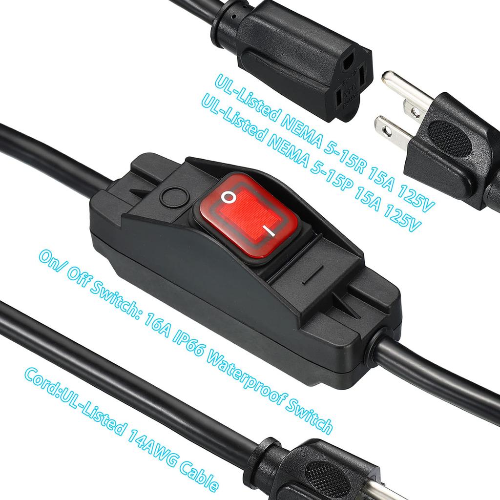 PATIKIL 150cm Outdoor Extension Cord with Waterproof Switch, 3 Prongs, 1875W 14AWG, Switchable Power Cord for Electrical Equipment, Black