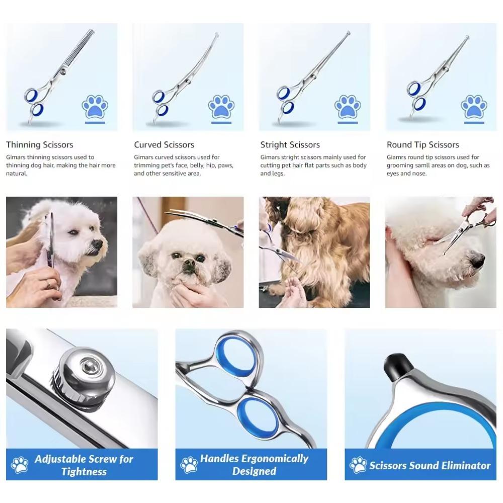7PCS/set Right-Handed Pet Grooming Scissors Round Head Stainless Steel Dog Hair Scissors For Dog Cat Hair shears Puppy Groom Set