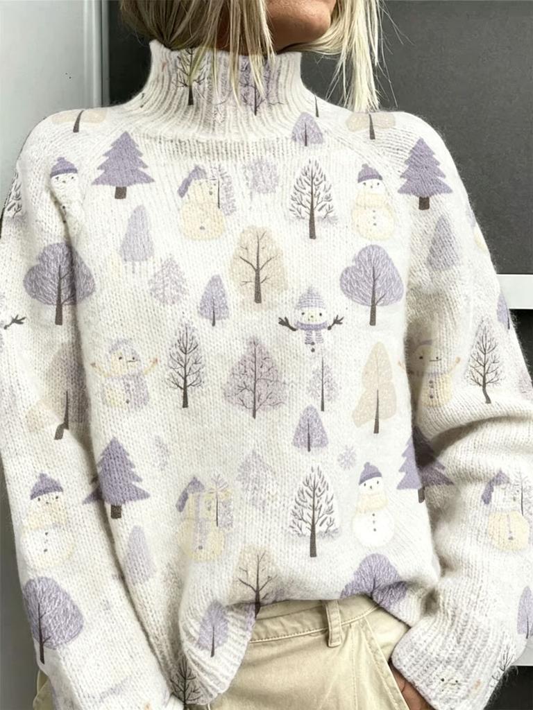 Winter women's new snowman tree print turtleneck casual imitation sweater Christmas sweater