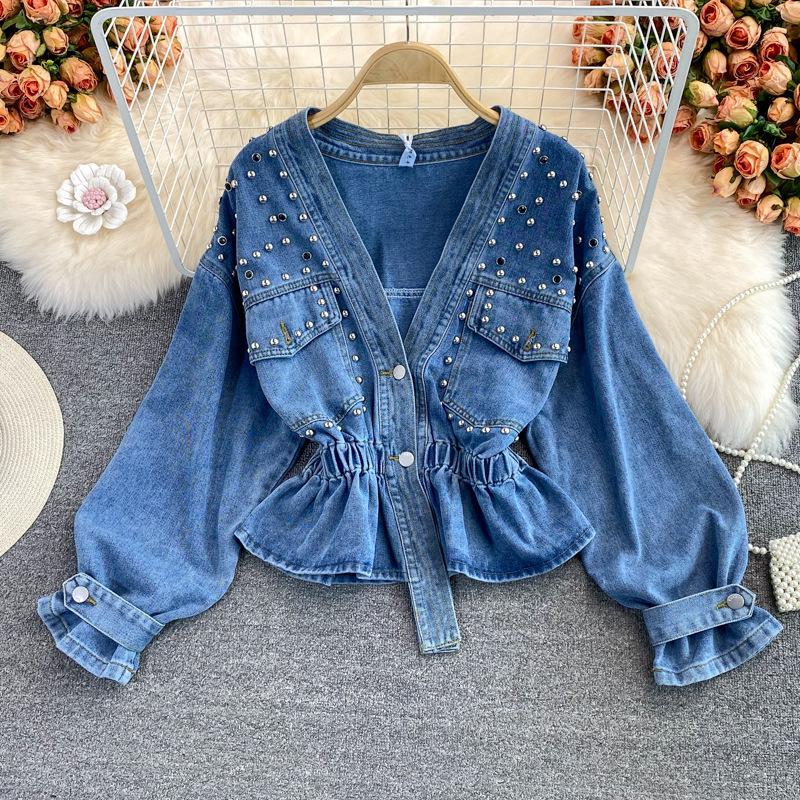 Women's Autumn Beaded V-Neck Denim Jacket - Korean Loose Fit, Versatile Fashion, Slimming Short Top