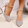 Fashion Silver Stiletto High Heel Party Wedding Shoes Women Fashion Ankle Beaded Buckle Pointed Toe Pumps Women Shallow Mouth Pumps