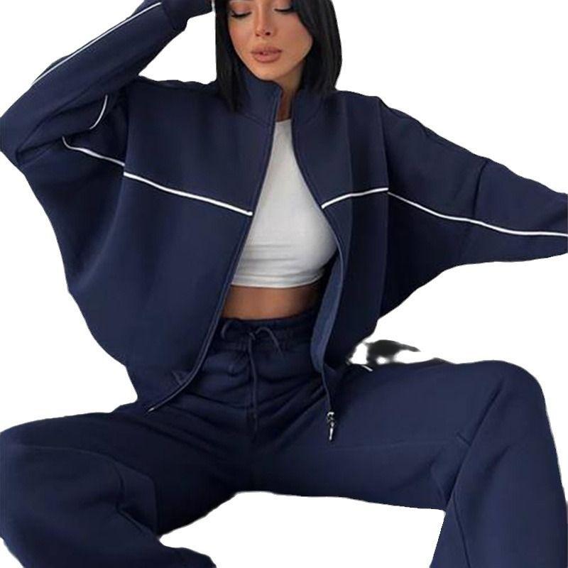 2024 New Cross-Border European and American Amazon Casual Suit Long Sleeves Half Collar Cardigan Sweatshirt Shoelace Stripes Pants Set