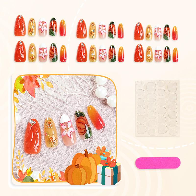 30 new Thanksgiving Maple Leaf Pumpkin Almond Wear Nail Gilt 3D three-dimensional gradual change flower nail art