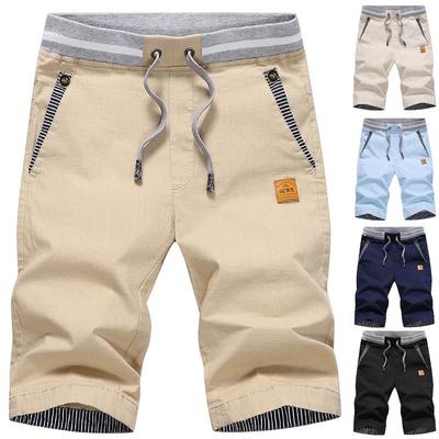 Men's Mid-Length Summer Cotton Linen Elastic Waist Beach Shorts