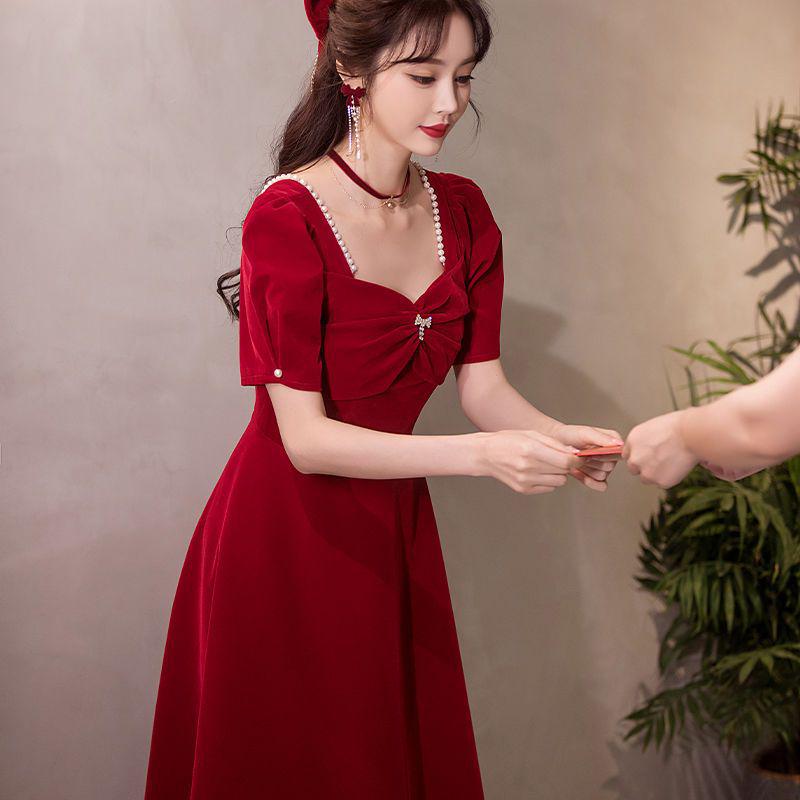 

2025 Винно-красное Платье с коротким рукавом для свадьбы и вечера - Женский Высококлассный Весенне-летний Наряд для невесты и выпускного L