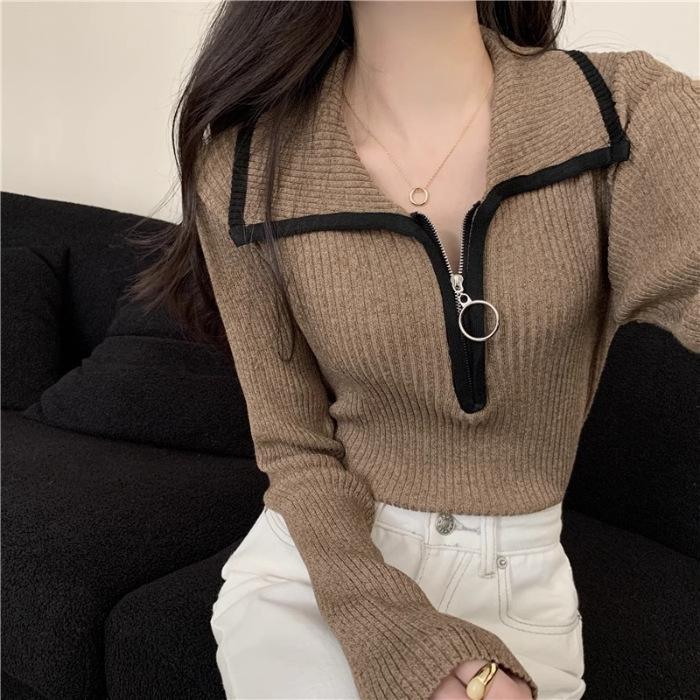 Women's Autumn and Winter Base Knitted Blouse with Color-Blocking Design Half-Zip Turn-Up Collar Slimming and Figure-Highlighting