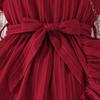 Summer Fashion Girls' New Solid Color Wave Stripe Flutter Sleeve Round Neck Ruffle Dress with Belt