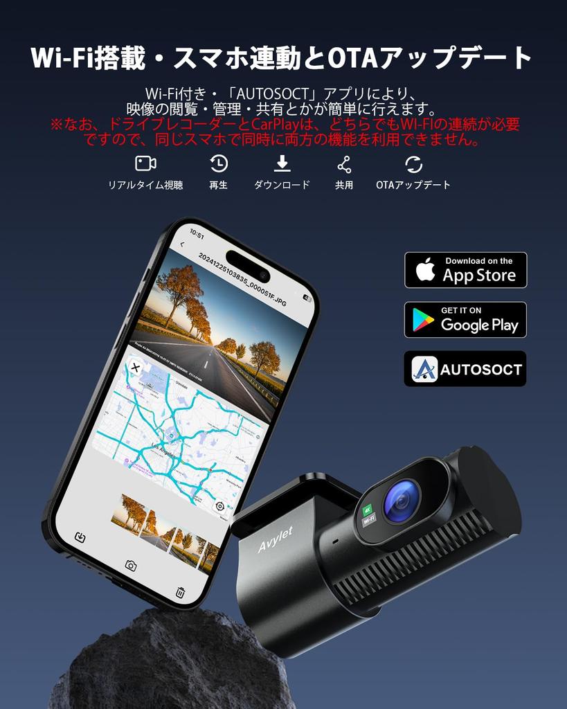 Avylet Dash Cam with Front and Rear 4K Front and 1080P Smartphone External GPS Module Automatic Continuous Impact Parking Night WDR Image LCD Engine