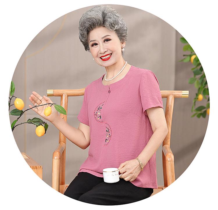Grandma's Summer Casual Cotton & Linen Set: Short-Sleeve Embroidered T-Shirt for Elderly Women