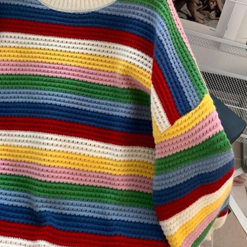 Colorful Striped Women's Sweater Hem Tassel Round Collar Long Sleeved Pullover Korean Style Autumn New Version Loose Casual Female Top