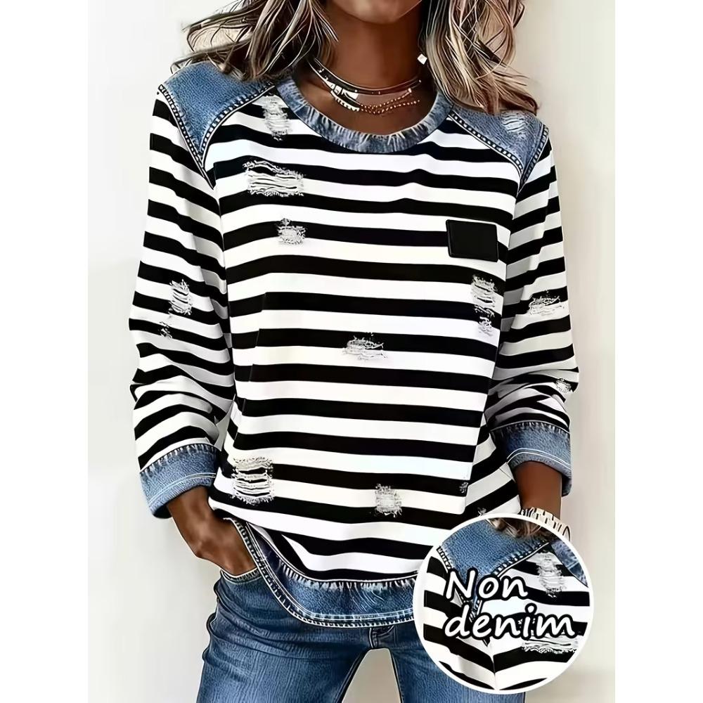 Mode Automnale Confortable Décontractée Polyvalente Ample pour Femmes T-shirts à Manches Longues Imprimés Multicolores à Col Rond