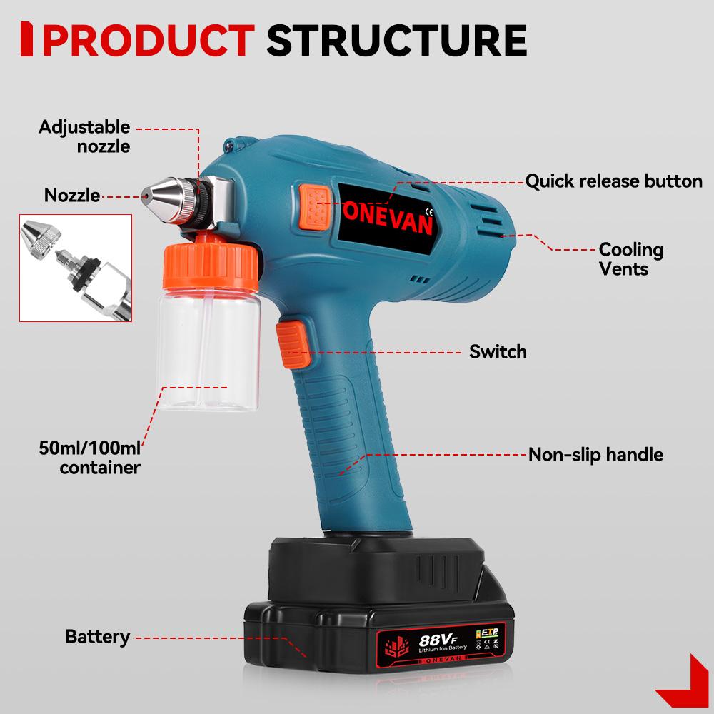 ONEVAN 100ML Electric Spray Gun Cordless Paint Sprayer Rechargeable Auto Furniture Steel Power Tools  For Makita 18V 21V Battery