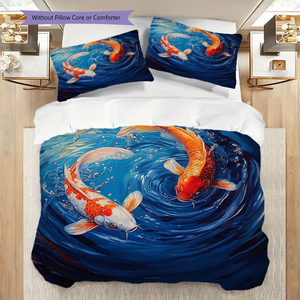 Koi Fish Pattern Bedding Quilt Set Quilt Cover Pillowcase Home Decoration Birthday Gift (1 * Duvet Cover + 2 * Pillowcase, Without Core)