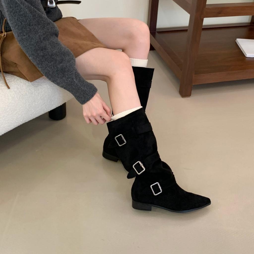 2025 Autumn and Winter New Small Pointed Head Tall Tube Thin But Knee Thick Heel Belt Buckle Knight Women's Boots