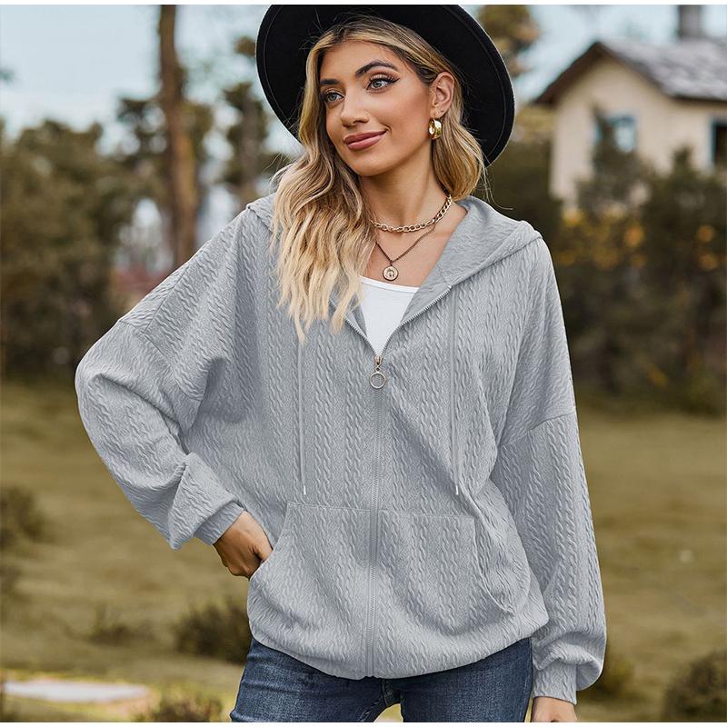 Women's Oversized V-neck Zipper Pure Color Long Loose Hooded Outwear