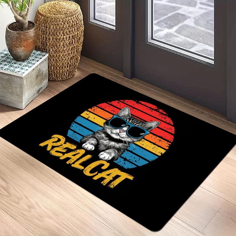 "I Like Cats & Coffee" Black Cartoon Cat Non-Slip Floor Mat, Cute Scarf Design Decorative Rug for Pet Lover Home Decor