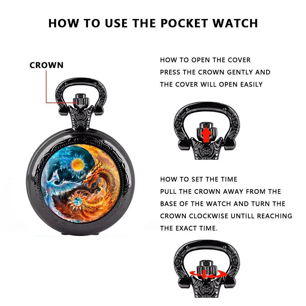 Vintage Retro Antique Dragon Phoenix Chinese Yin Yang Quartz Unisex Men Women Pocket Watch Quartz Necklace Pendant Clock Chain Classic Dial Gift