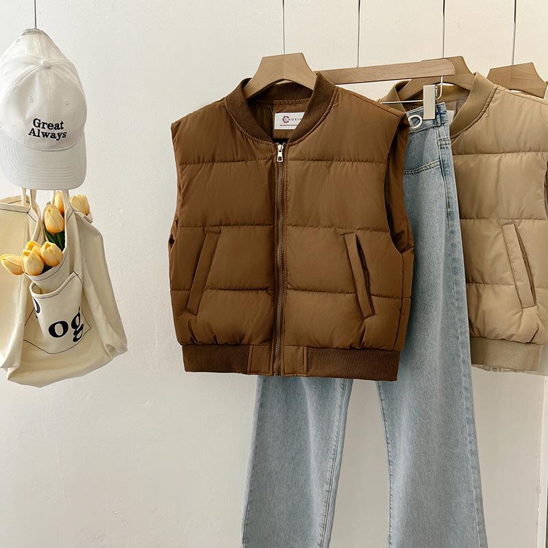 

Cotton vest women s autumn and winter new short jacket jacket fashion baseball collar solid color thin cotton vest XXL темно-коричневого