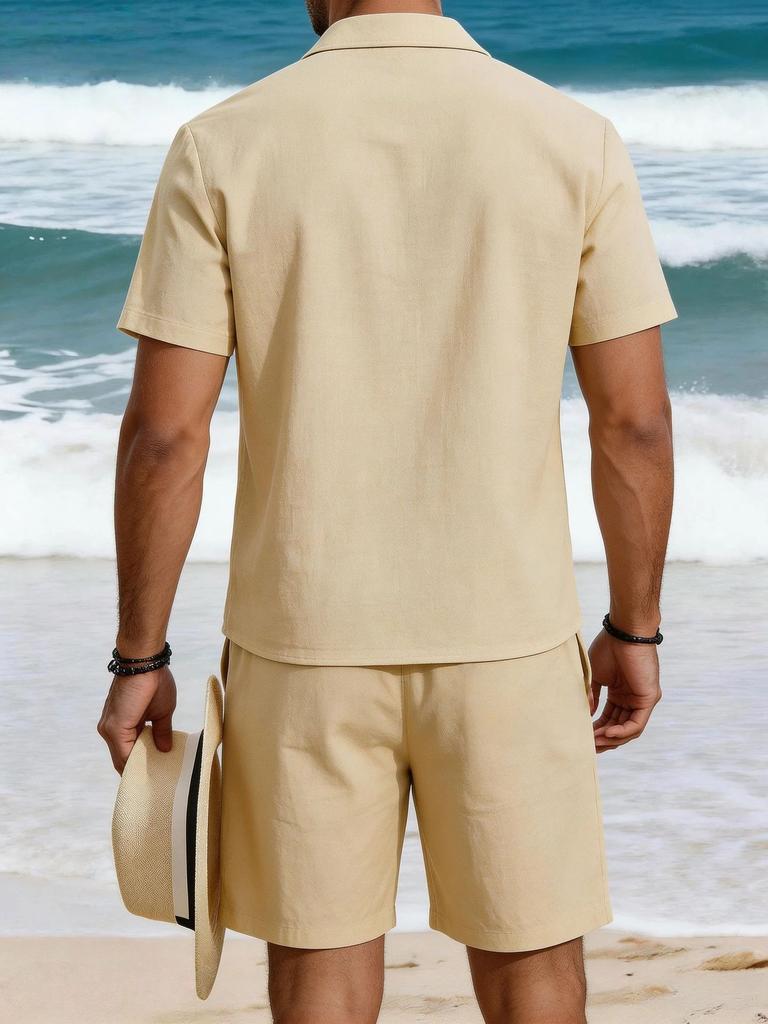 Mens Casual Loose Breathable Short Sleeve Shirt And Shorts Beach Set