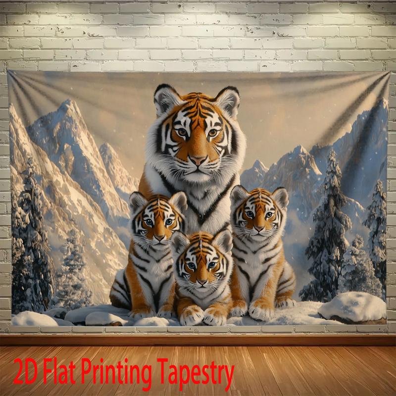 Majestic Tiger Family Tapestry Mother Tiger with Cubs In Snowy Mountains Wall Hanging Wild Animal Room Decor Extra Large Size