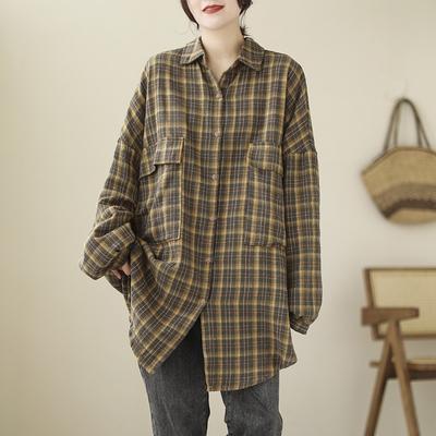 Autumn Literary Plus Size Loose Plaid Blpuse Casual Lapel Long Sleeved Shirt Women's Shirt Mid Length