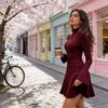 Street Style Pletené Šaty s Dlouhým Rukávem, Jednobarevné, Vysoký Výstřih pro Městské Ženy