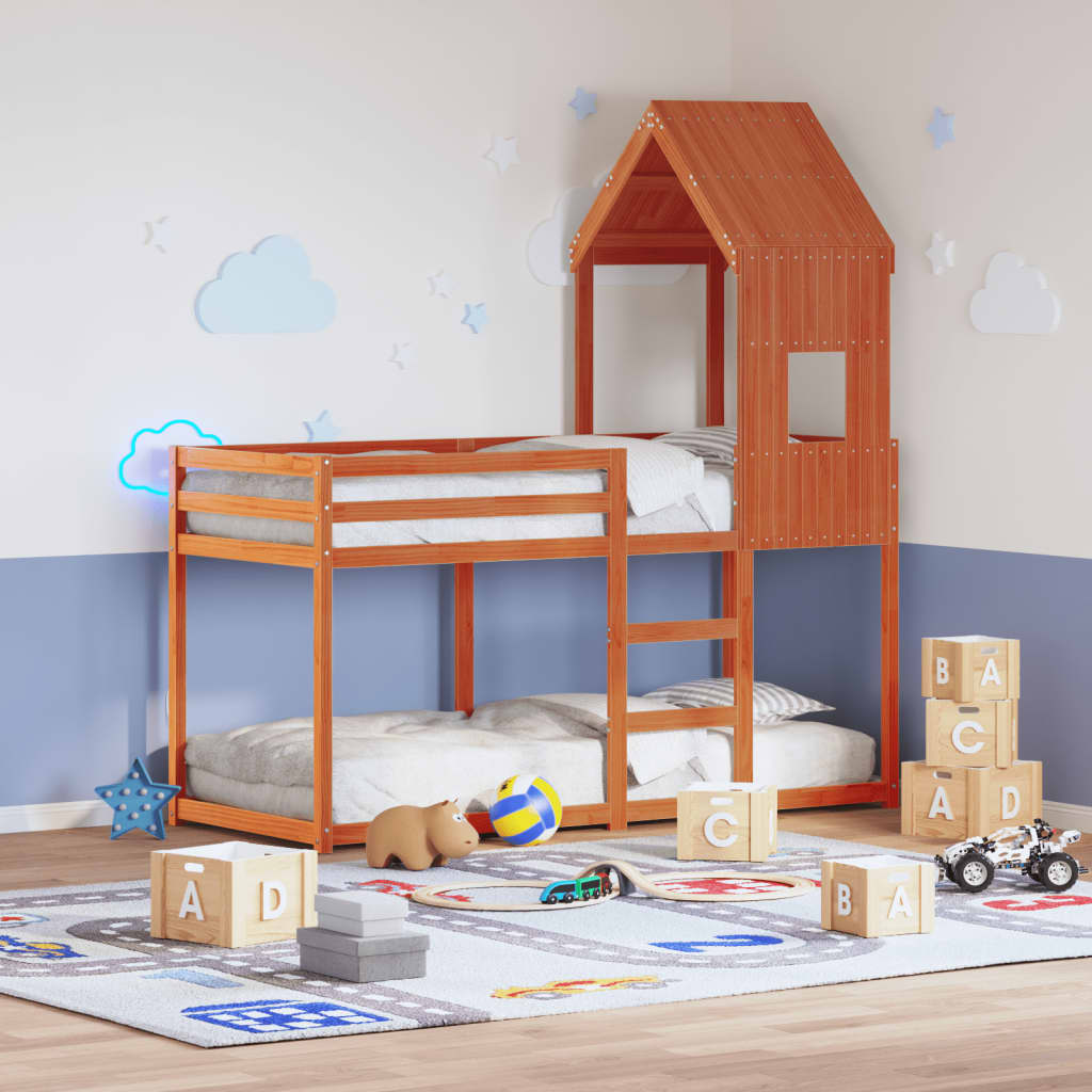 Bunk Bed with Roof Wax Brown 90x200 Cm Solid Pine Wood