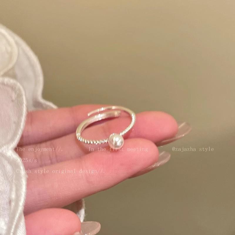 Bow pearl beaded ring women's ins niche design decorative open ring light luxury high sense stacked ring
