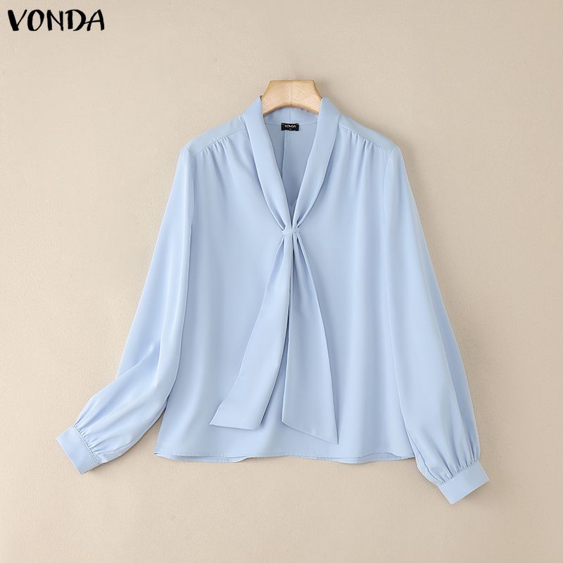 VONDA Womens Casual Tie Up V Neck Long Sleeve Casual Office Shirts Blouse