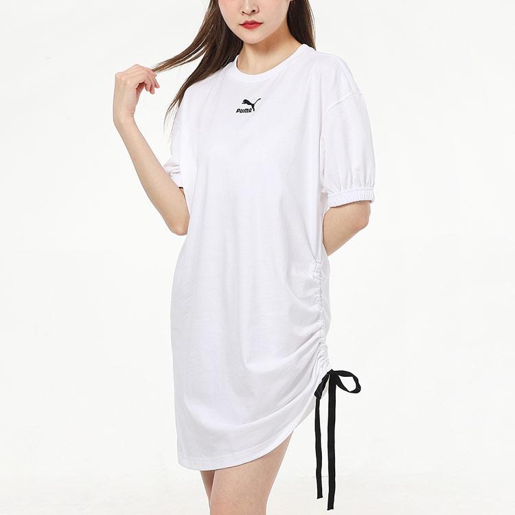 Puma Logo Embroidered Drawstring Casual Sports Short Sleeve Dress Women dresses White 532632-02