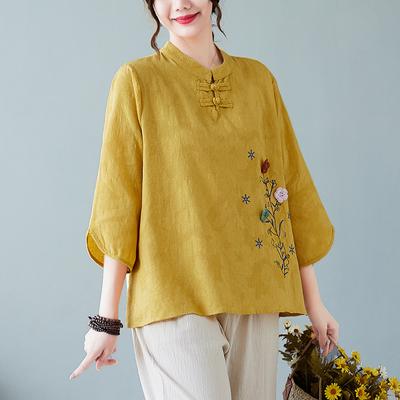 Damen Frühling und Sommer Retro Disc Schnalle Lockeres Dreiviertelärmeliges Hemd Dreidimensional Bestickte Blumenärmel Stehkragenhemd Damen