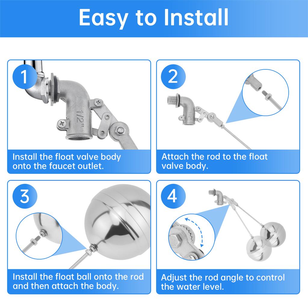 304 Nerezový Nastavitelný Plovákový Ventil Těžký Provoz 3/4 na 1/2 Palcový Adaptér Automatická Kontrola Vody Domácnost Nádrže na Vodu pro Hospodářská Zvířata