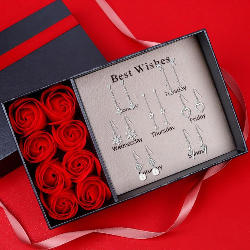 Stud Earrings With Clover Design Women Elegant Tassel Drop Gift Set Valentines Day Qixi Festival Heart Clover Pattern 8-Piece Gift Box