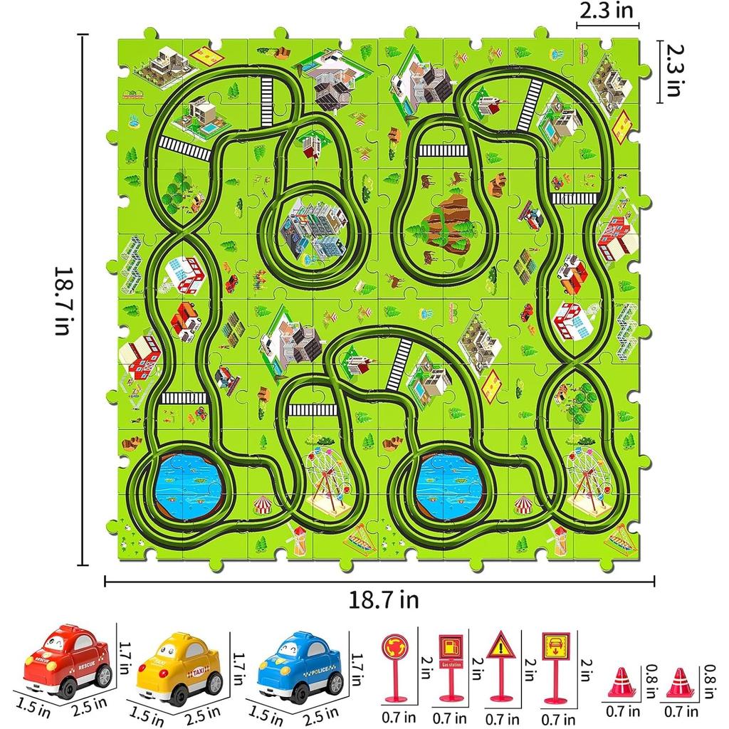 64 Pieces Puzzle Race Track Car Set Toys for 3 4 5 6 Year Old Boys - Puzzle Tracks Car Toys for Kids Ages 3-5 with 4Sliding Toy Cars, City-Themed