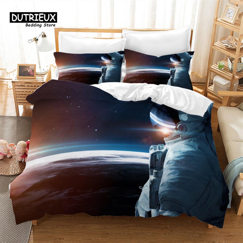 Cartoon Astronaut Duvet Cover King For Boys Girl Galaxy Space Bedding Set Microfiber Rocket Ship Space Adventure Comforter Cover