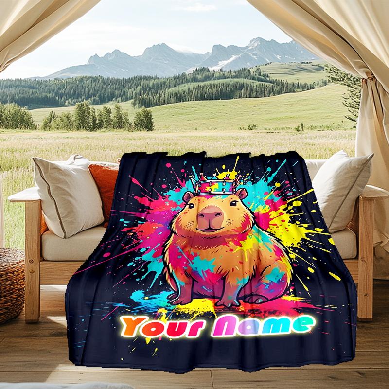 1PC Custom Name Colorful Capybara Majesty flannel blanket versatile,all-season throw suitable for the living room,bedroom,camping,travel,and gift