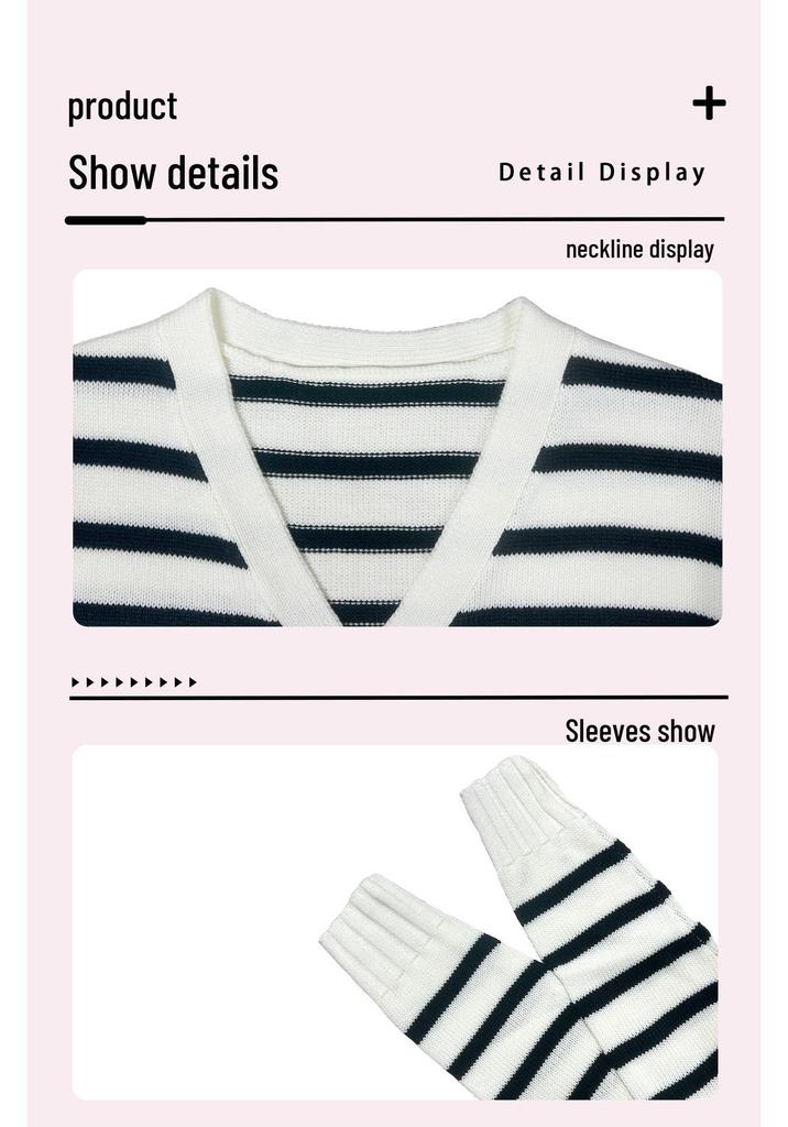 2024 European and American Stripe V-Neck Long Sleeve Women's Spring/Autumn Loose Slimming Knit Top