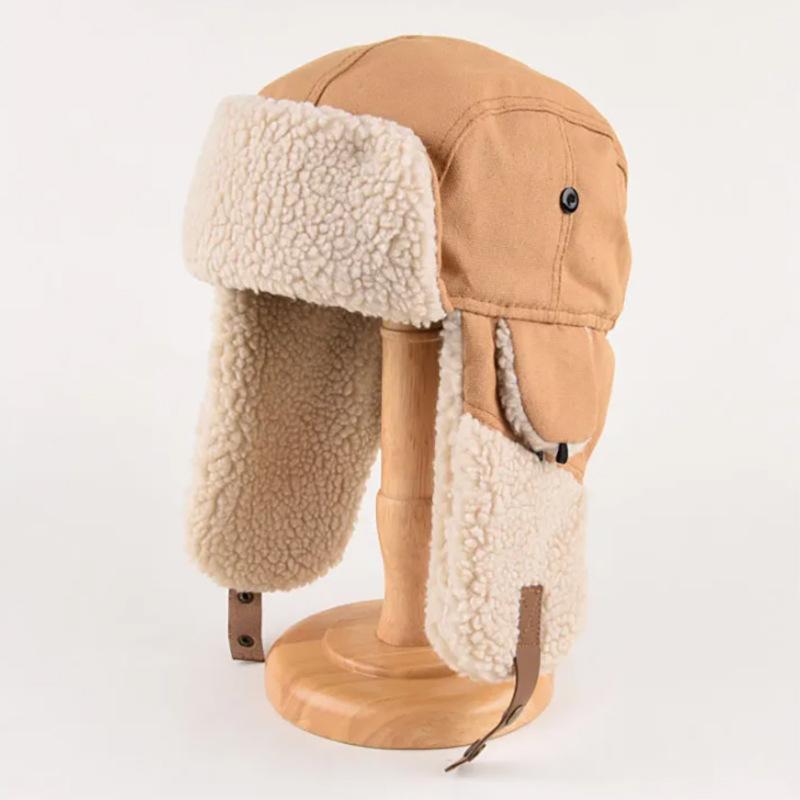 Pilot hat for men and women outdoor riding warm skiing cold hat cold protection ear protection plush canvas splicing Lei Feng hat