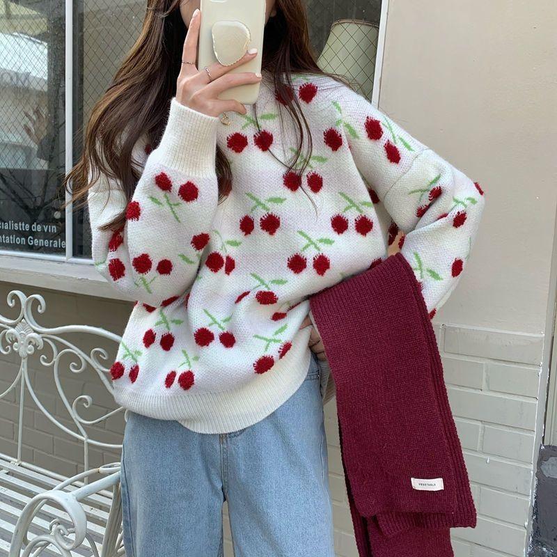 Outono Inverno Novo Suéter de Tricô Oversized Estampado Cereja Feminino Preguiçoso - Chic Gola Redonda Doce Suéteres Pulôver