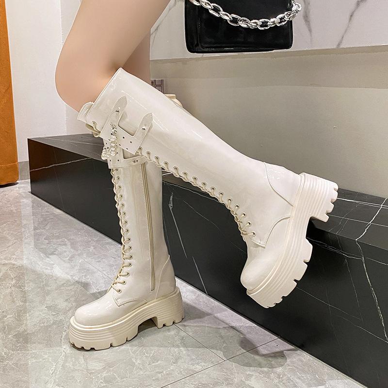 Kozačky Skinny vnitřní zvýšení silná podrážka dámské 2025 zima samet perlový řetízek ale nad koleno rytířské kozačky