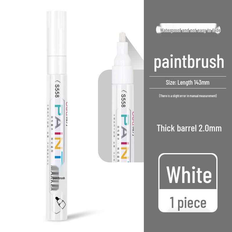 Deli S558 White Paint Pen: Waterproof, Oil-proof, Colorfast Tire and Touch-up Marker for Gold Lettering.