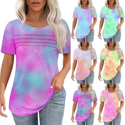 T-Shirts für Damen, plissiert, Rundhalsausschnitt, elegant, lässig, Blusen, bedruckt, kurzärmelig, Sommeroberteile, lockere Passform