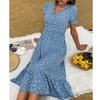 Women Summer Floral Print Long Dress High Waist V Neck Ruffled Short Sleeve Maxi Dress Lightweight Breathable Work Vacation Dress