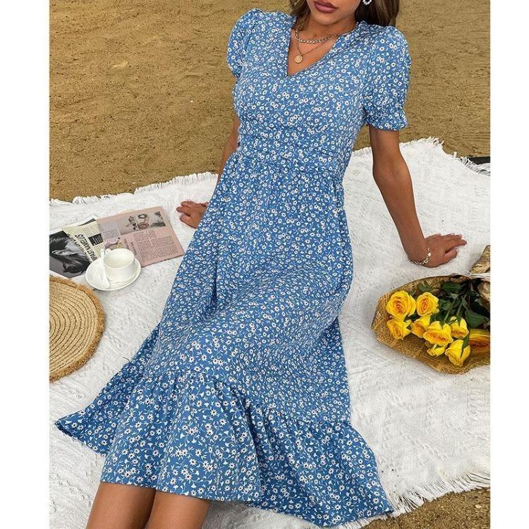Women Summer Floral Print Long Dress High Waist V Neck Ruffled Short Sleeve Maxi Dress Lightweight Breathable Work Vacation Dress