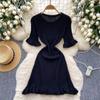 Robe longue élégante à col rond et manches courtes, style vintage à volants, en tricot, slim, style français, pour femme, automne-hiver, vêtements élastiques