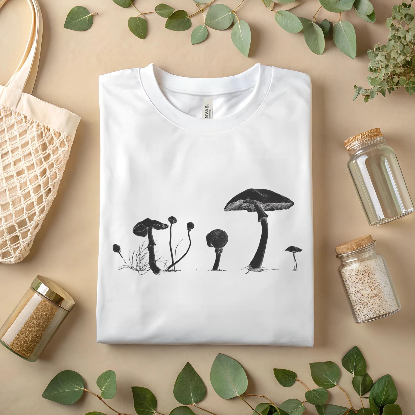 Minimalist Mushroom T-Shirt – Black and White Botanical Nature Line Art Tee A499 M