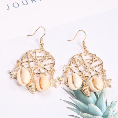 1 Pair Women Hook Earrings Star Fish Seeshell Hollow Out Dreamcatcher Shape Solid Color Electroplated Anti-allergy Lightweight Ear Decoration Jewelry