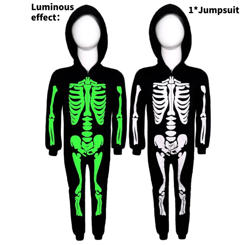 Luminous Halloween Skull Skeleton Child Cosplay Costume Jumpsuits Cloak Party