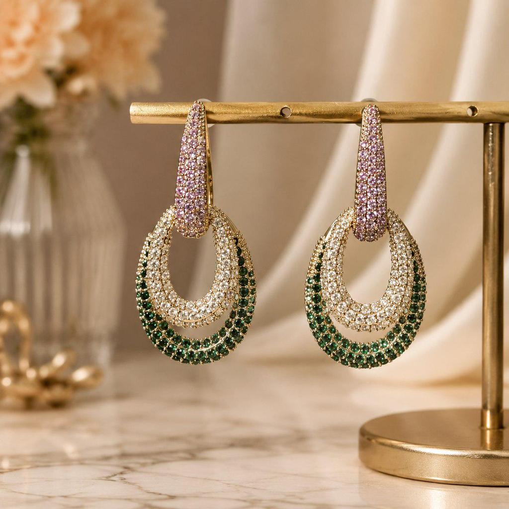 High-End Women's Zirconia-Inlaid S925 Silver Geometric Hoop Dangle Earrings