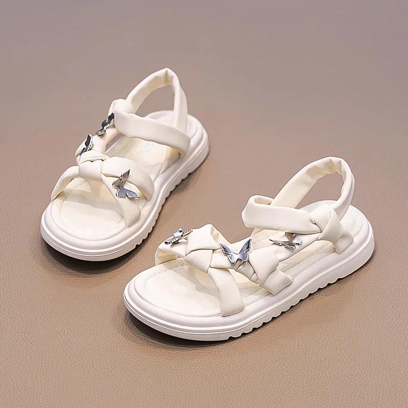 Girls Butterfly Sandals Princess Sweet Children New Trendy Chic Summer Beach Shoes Soft Beige Black with Metal Butterfly Cute